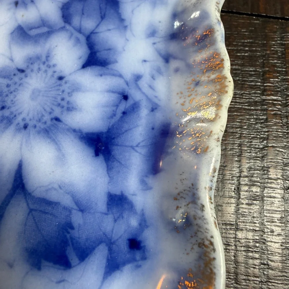 1890s Warwick China Flow Cobalt Blue Floral Tray Scalloped Gold Gilt Vanity Dish